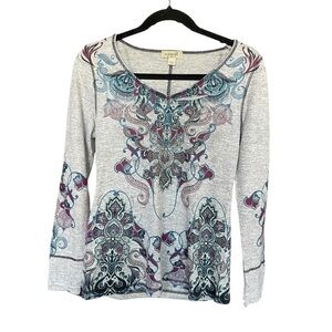 One World Grey Long Sleeve Top Blue Purple Paisley Studs Boho Casual size small